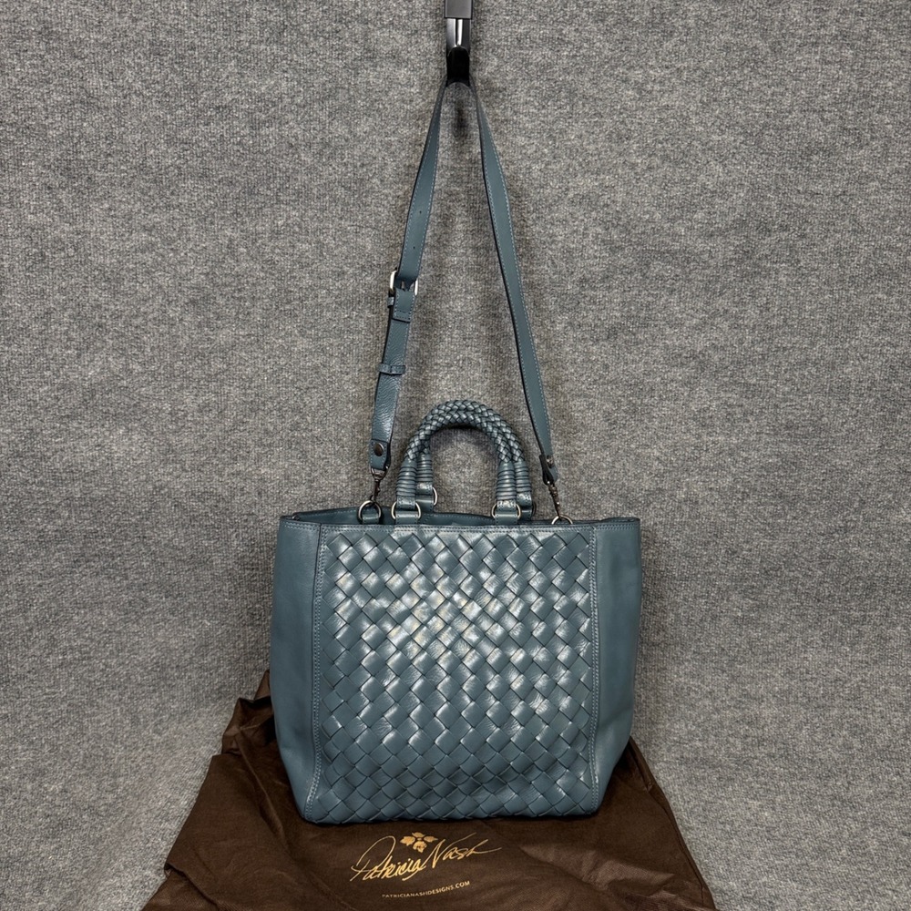 Patricia Nash Tote Bag Crossbody Blue Woven Leather Detachable Strap Map Lining